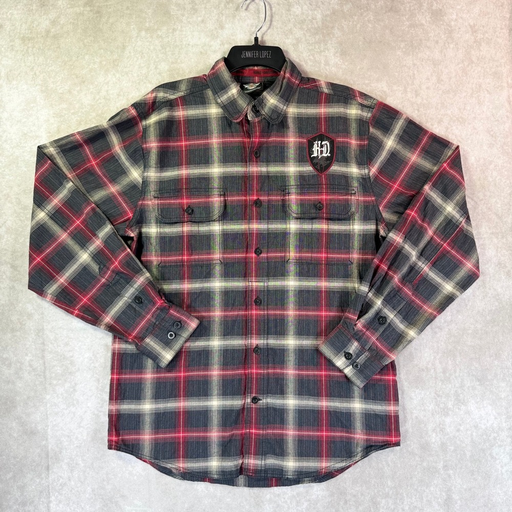 Harley Davidson Button Down Shirt Men Medium Red Black Plaid Embroidered Logo